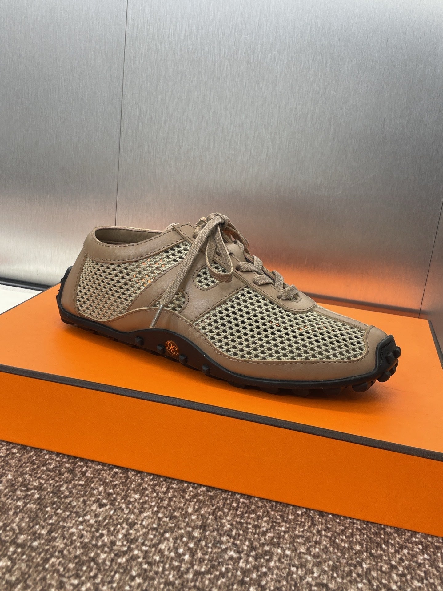 KIGA SNEAKER IN MOCHA BROWN CROCHET KNIT AND CALFSKIN、mysite、Cacoeks