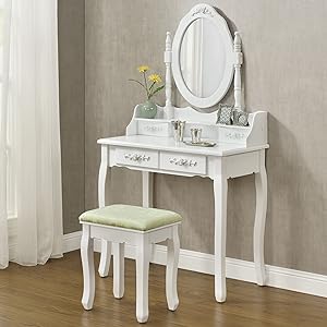 Juskys Mira White Dressing Table with Mirror Top, Drawers & Stool | ArtLife
