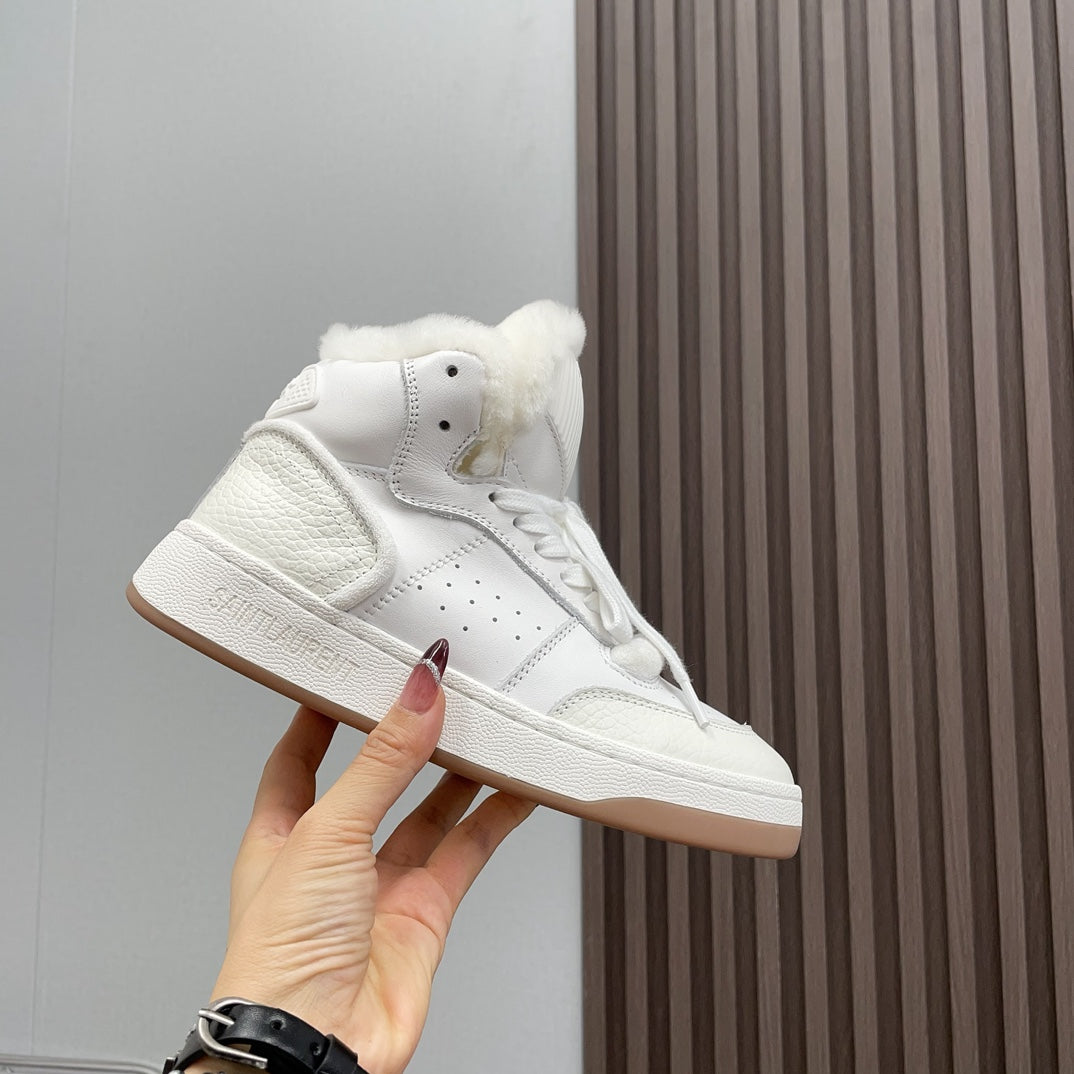 HIGH-TOP SNEAKERS IN WHITE CALFSKIN WITH FLEECE LINING、mysite、Cacoeks