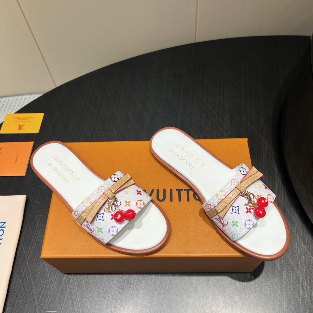 LV SLIDE SANDALS LOGO PRINT 25S IN WHITE CALFSKIN WITH CHERRY BLOSSOM BUCKLE、mysite、Cacoeks