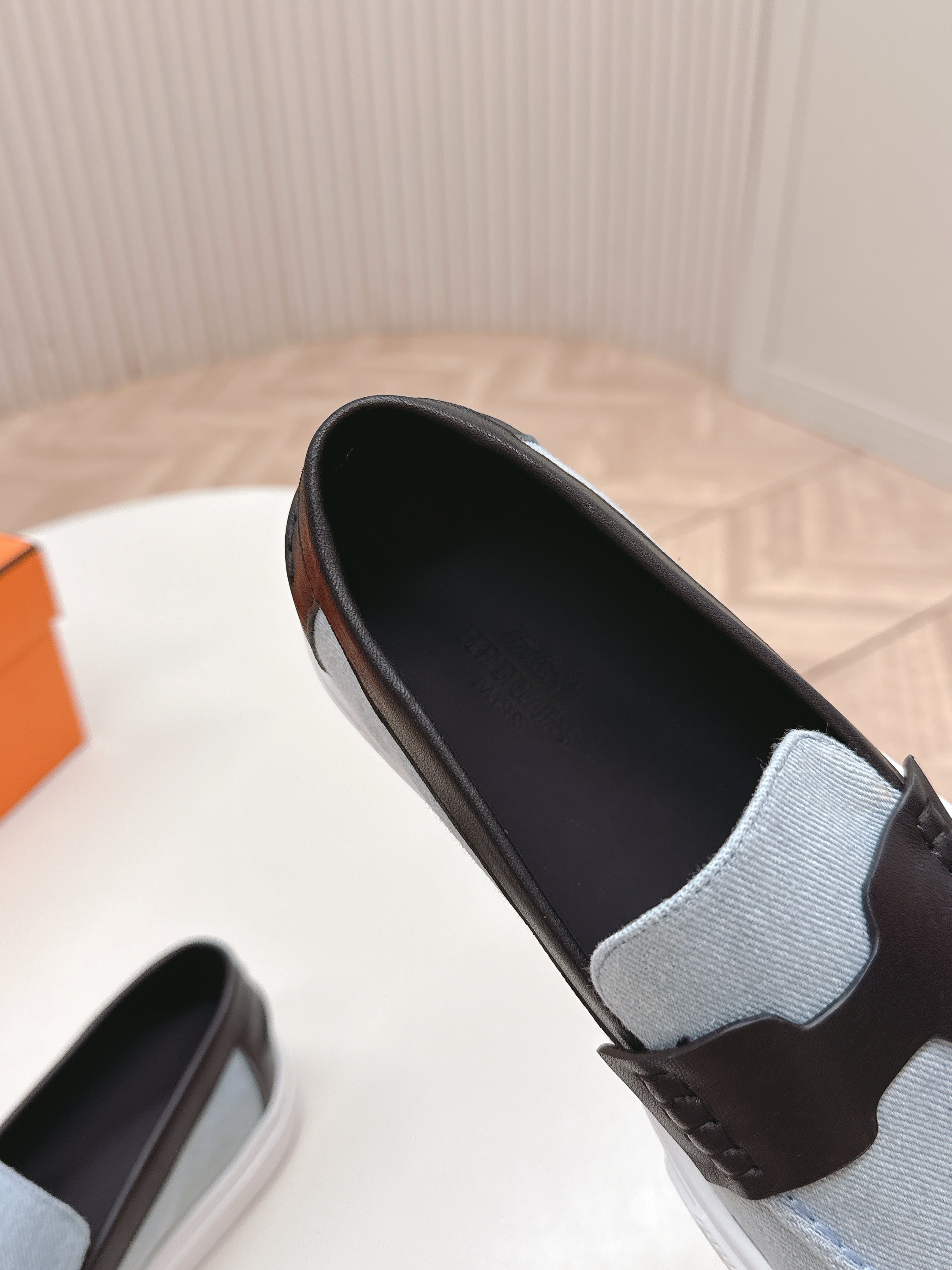 HM 25S SLIP-ON IN BLUE DENIM AND BLACK LAMBSKIN、mysite、Cacoeks