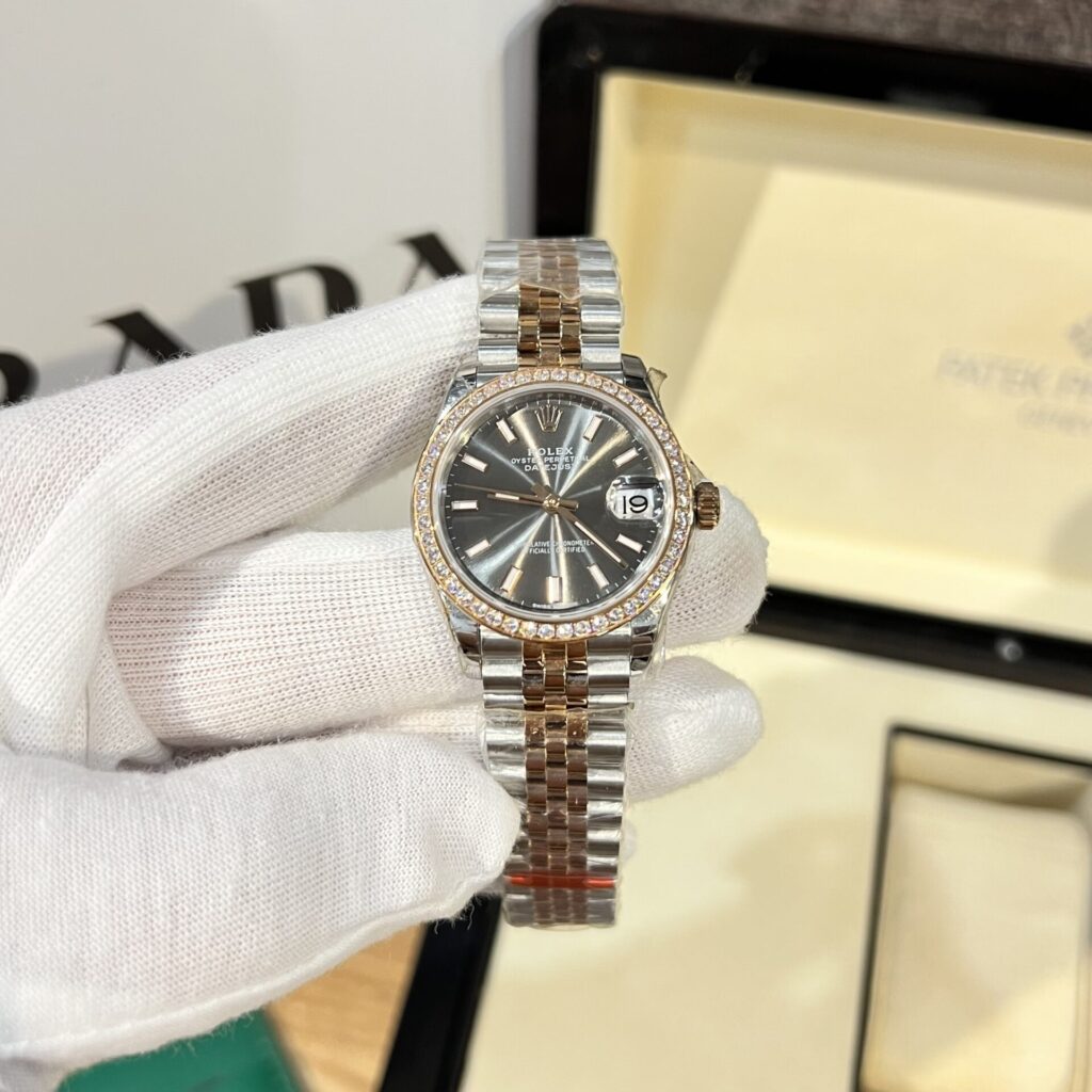 Đồng Hồ Rolex Nữ Đính Đá Mặt Số Xám Fake 11 31mm (7)