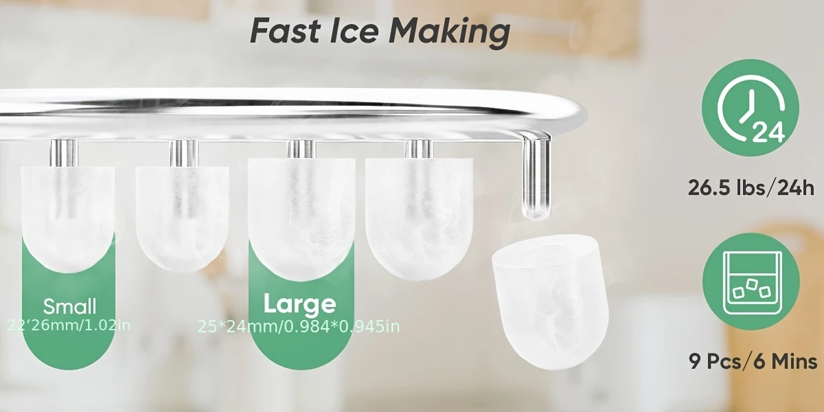 ice maker countertop - produces 9 bullet ice cubes in  , 26.5   of ice in 24 hours, small portable self-cleaning ice maker suitable for homes, kitchens, rvs, and parties details 2