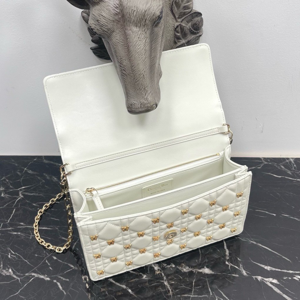 Miss Dior Mini Bag White Cannage Lambskin with Gold-Finish Butterfly Studs