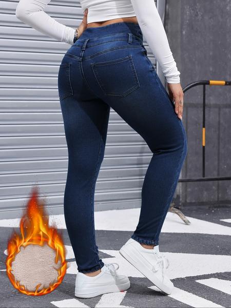 Women's High Elasticity Fleece Lined Thick Denim Jeans, Fall & Winter Fashion, Comfortable Slimming Jeans, Elegant Style
