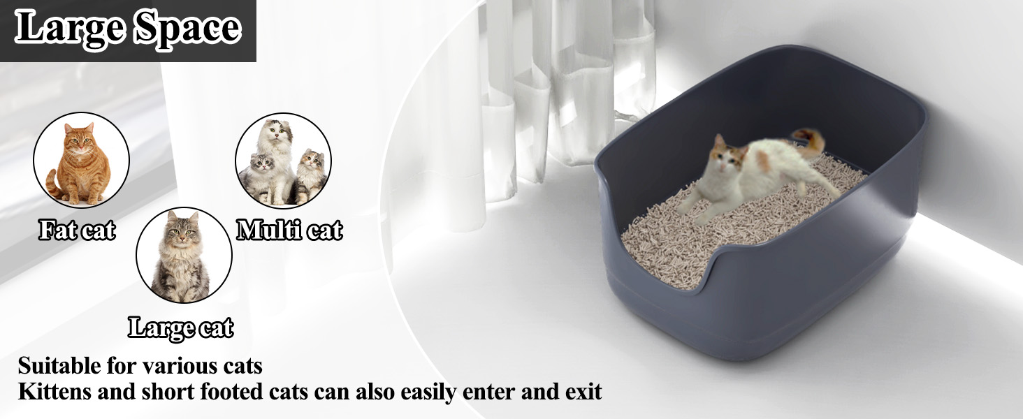 Text reads 'Large Space' 'F-test' 'Multi cat' 'Large cat' 'Suitable for various cats'. Black high-sided cat litter box with graphics showing different cat sizes.