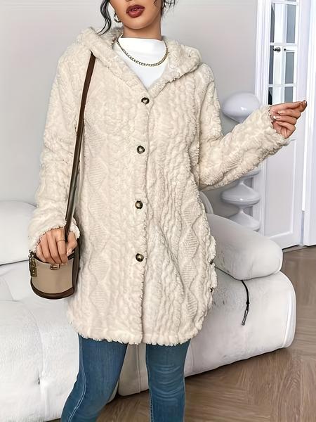 Women's Solid Color Fuzzy Hooded Jacket, Casual Long Sleeve Outerwear for Daily Wear, Ladies Clothes for All Seasons, Winter Womenswear