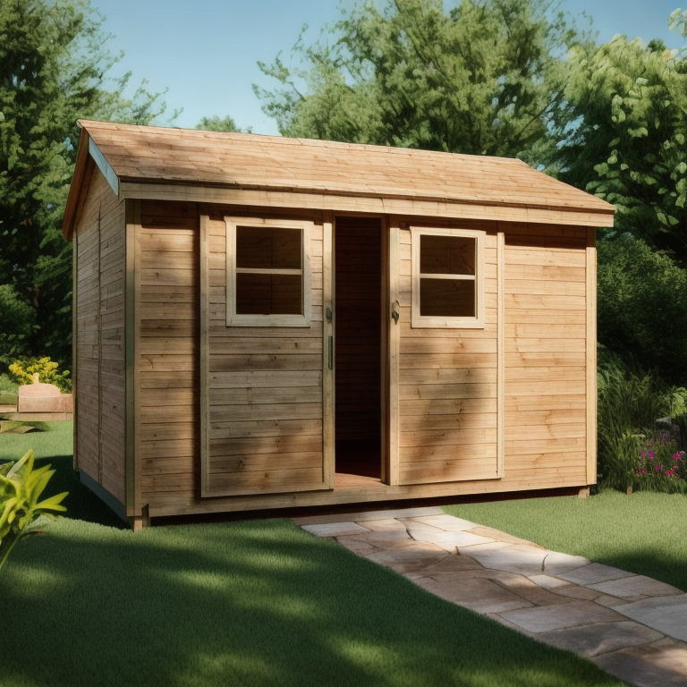 cabana garden shed 12x8 with sliding door in a yard. green trees in the background.