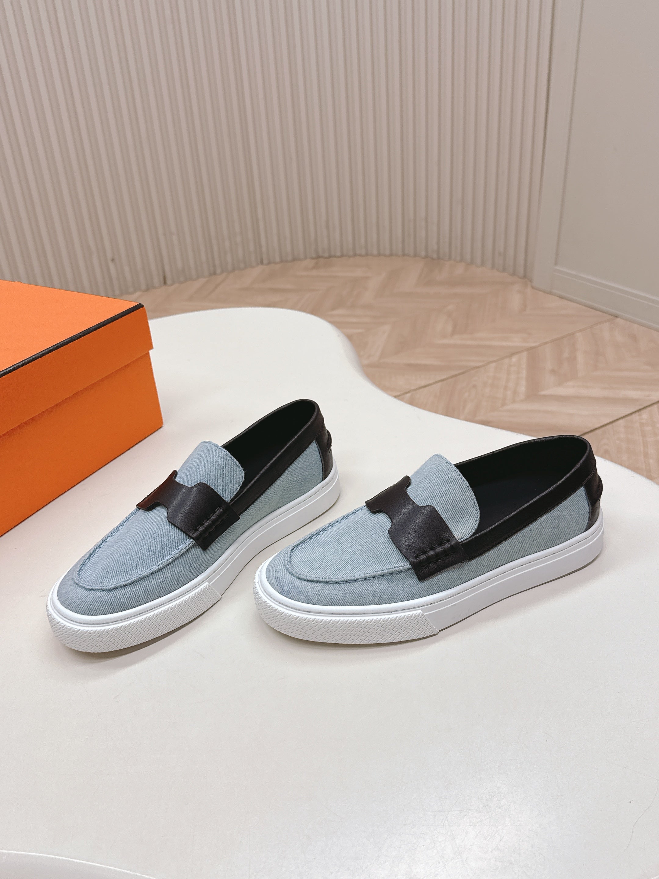 HM 25S SLIP-ON IN BLUE DENIM AND BLACK LAMBSKIN、mysite、Cacoeks