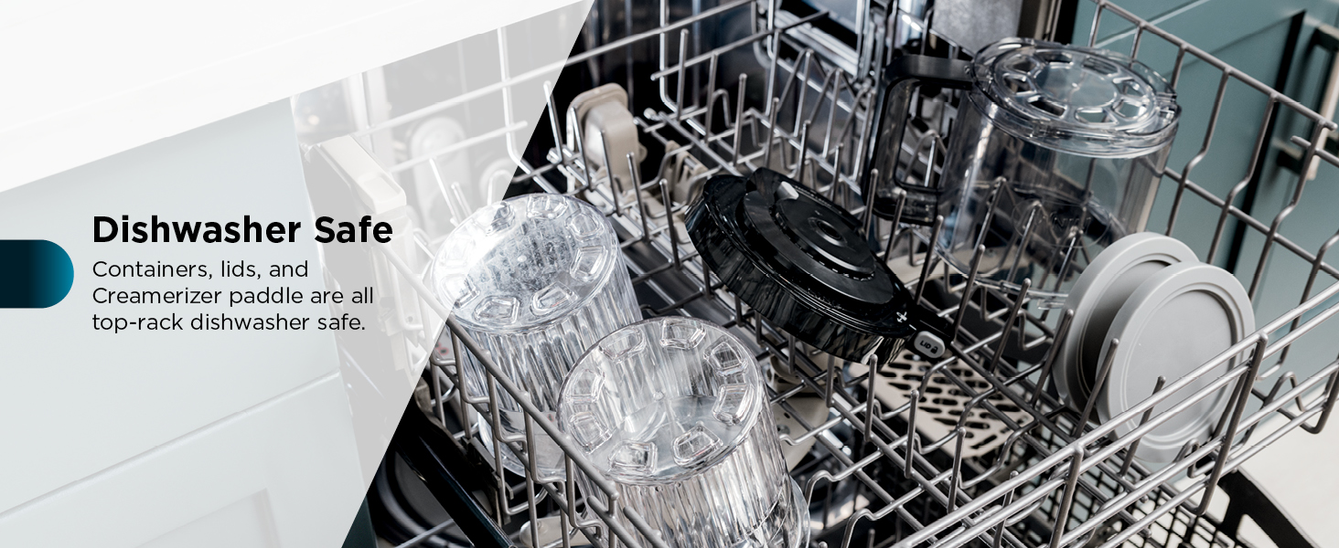 Dishwasher safe Containers, lids, and Creamerizer paddle are all top-rack dishwasher safe.