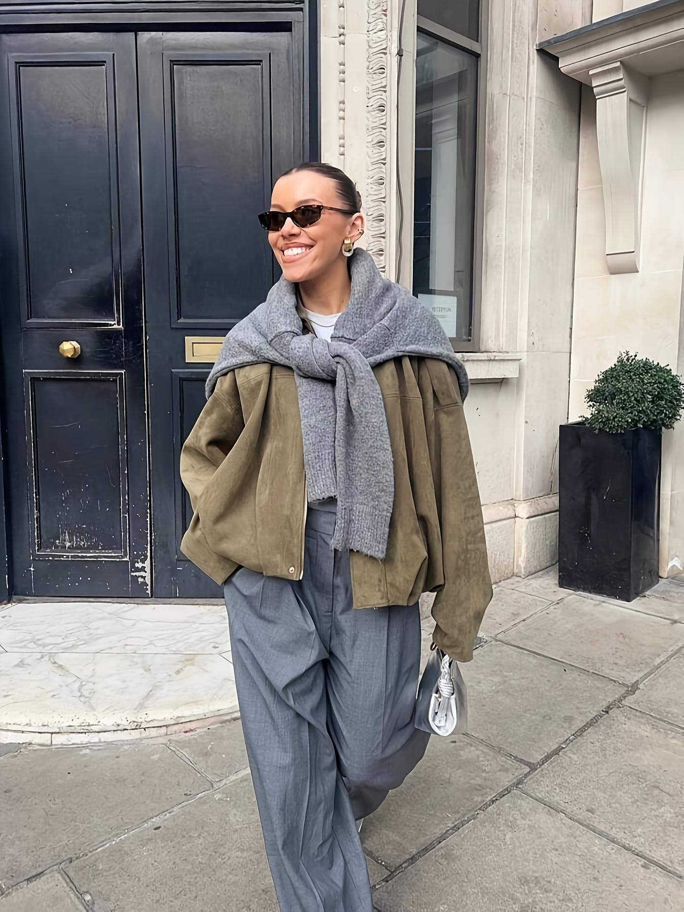Women's Military Jacket, Army Green Loose Fit Coat For Spring & Autumn