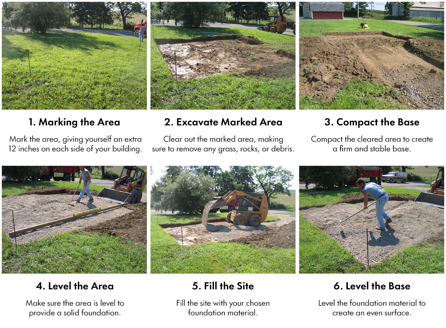 A collage that consists of site preparation instructions for storage sheds or playhouses