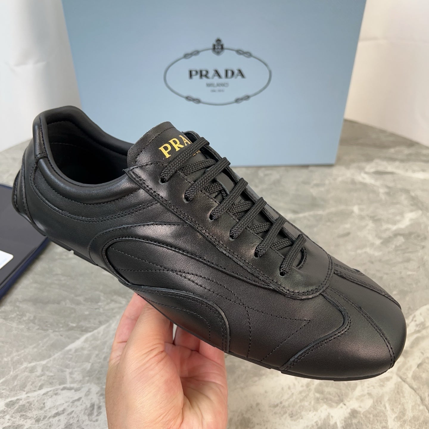PRADA 25S MONTECARLO ANTIQUED SNEAKERS IN BLACK NAPPA LEATHER、mysite、Cacoeks