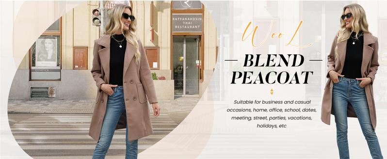 SCUSTY Women Winter Wool Blend Camel Mid-Long Coat Notch Double-Breasted Lapel Jacket Outwear