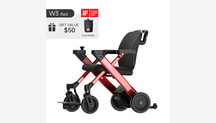 Compact folding mobility wheelchair in red with cup holder and design award badge