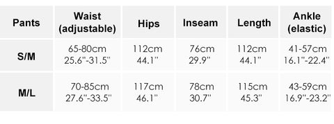 pants size chart