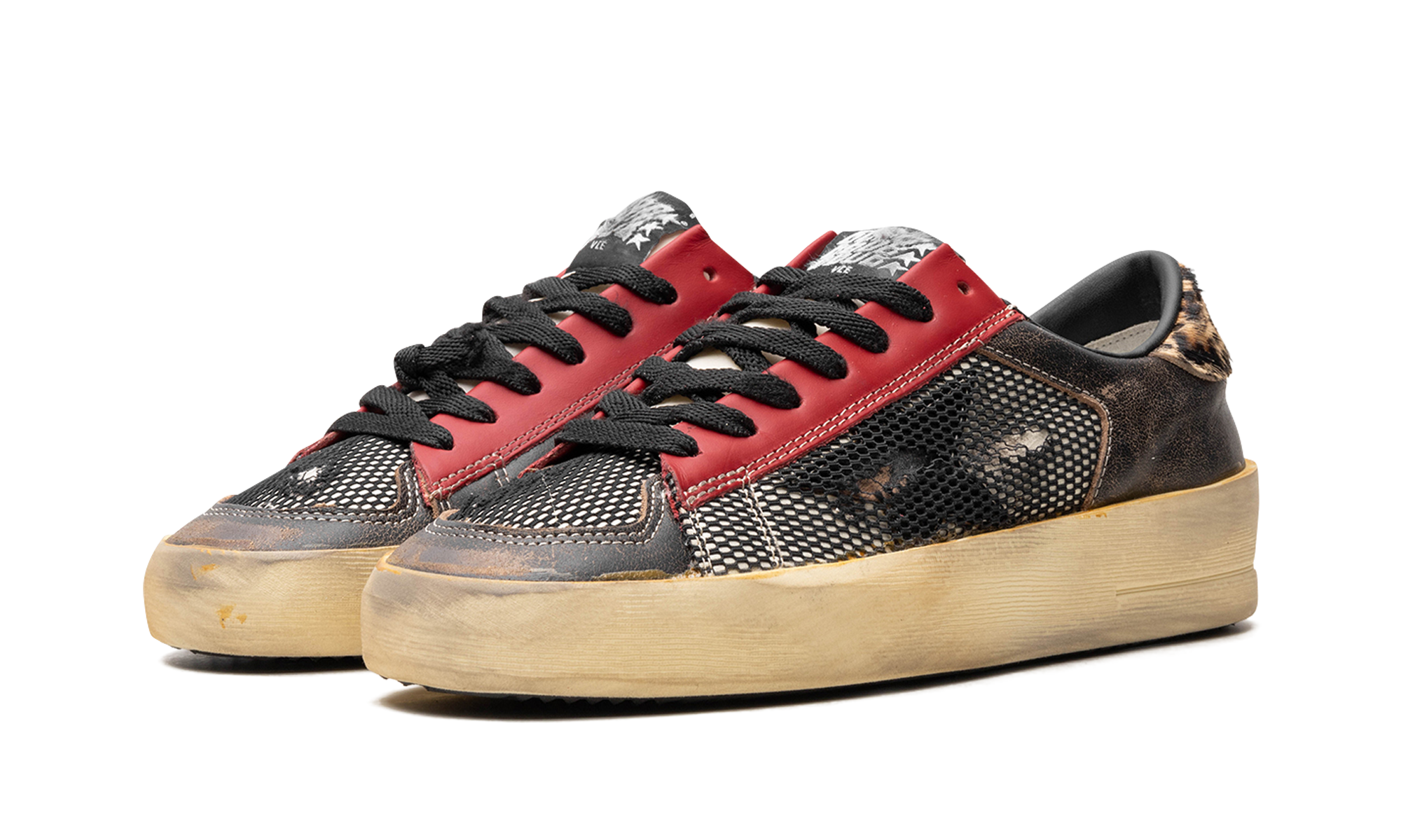 STARDAN NET AND VINTAGE LEATHER UPPER NYLON TONGUE VINTAGE LEATHER STAR LEOPARD HORSY HEEL "BLACK RED LEOPARD BROWN"、mysite、Cacoeks