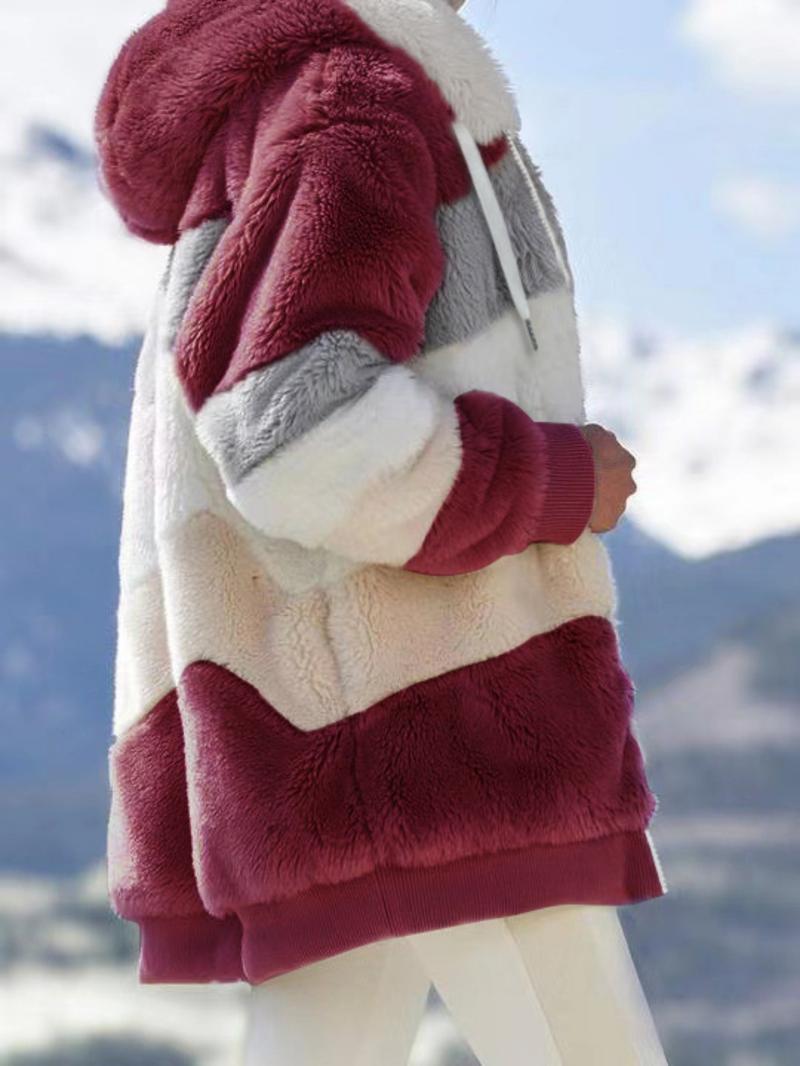 Women's Colorblock Drop Shoulder Hooded Polar Fleece Coat, Fashion Casual Long Sleeve Zip Up Warm Outerwear For Daily Outdoor Wear, Women's Clothing, Jackets