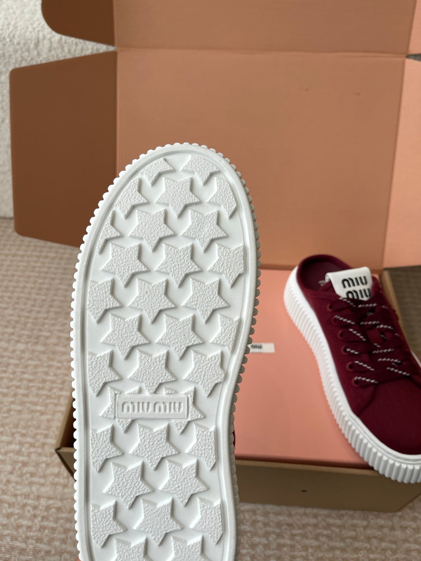 WASH SNEAKER MULES IN BURGUNDY RED DENIM STRIPED LACES、mysite、Cacoeks