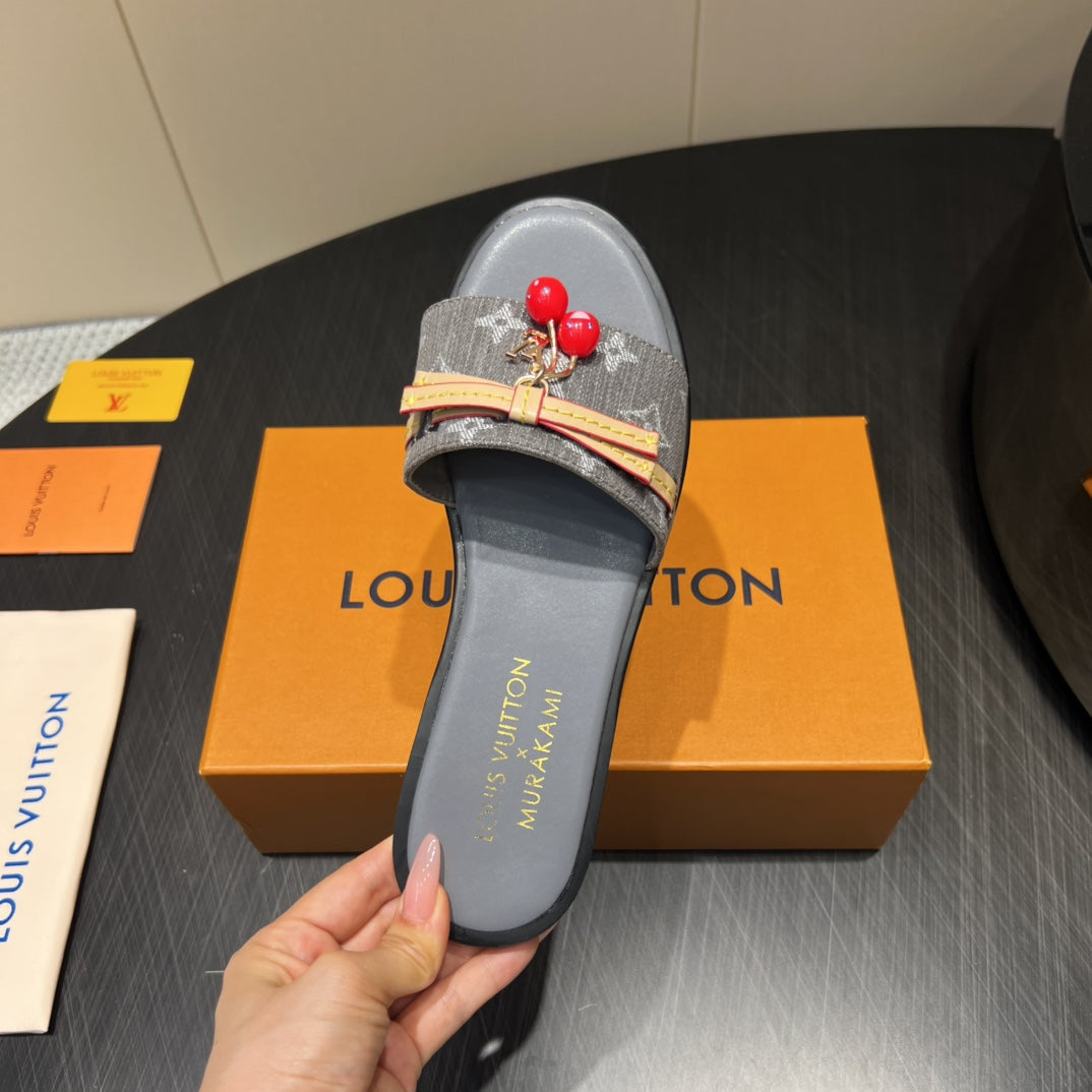 LV SLIDE SANDALS 25S IN DARK GREY DENIM AND CALFSKIN WITH CHERRY BLOSSOM BUCKLE、mysite、Cacoeks