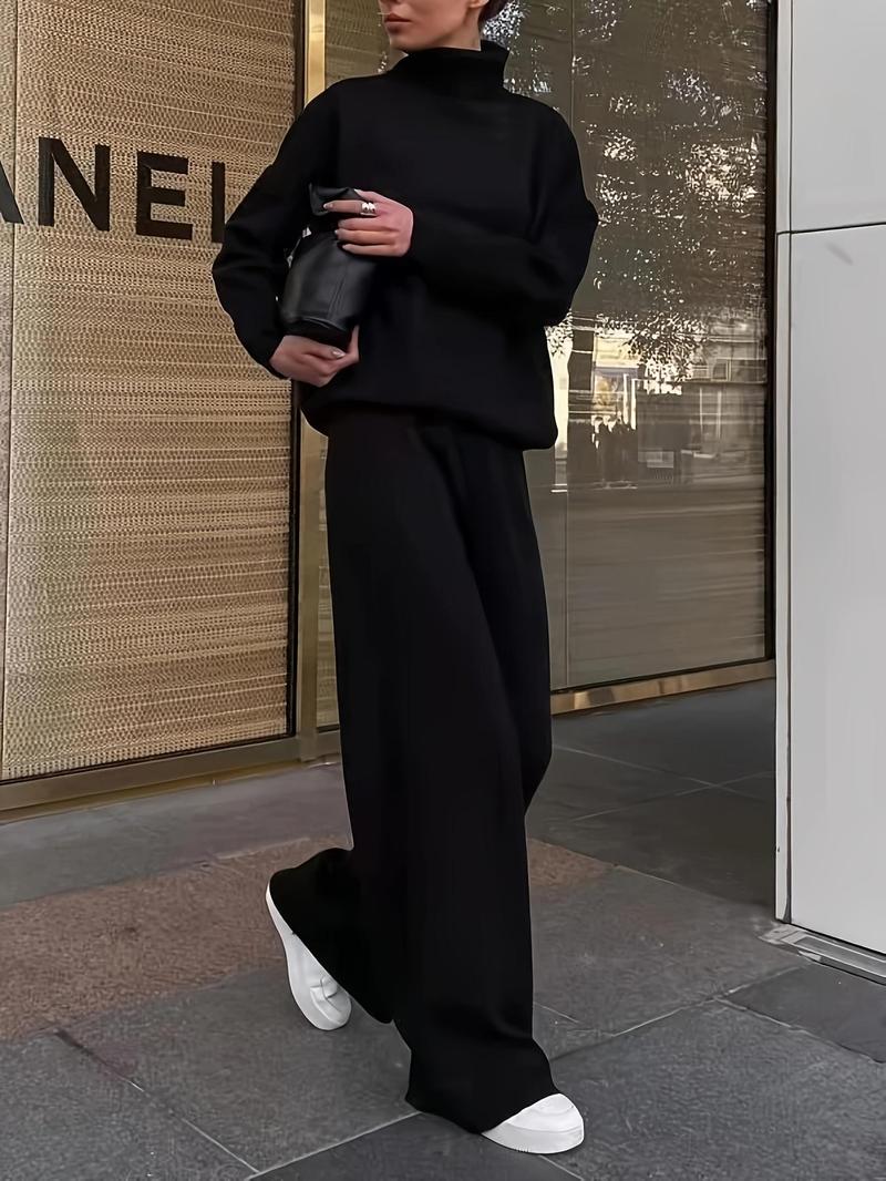 Women's Solid Turtleneck Tops & Wide Leg Pants Set, Casual Fashionable Cozy Long Sleeve Top & Trousers for Daily Casual Occasion Wear, Fall Clothes, 2 Piece Set, Women's Clothing for Fall, Downtown Girl Clothes