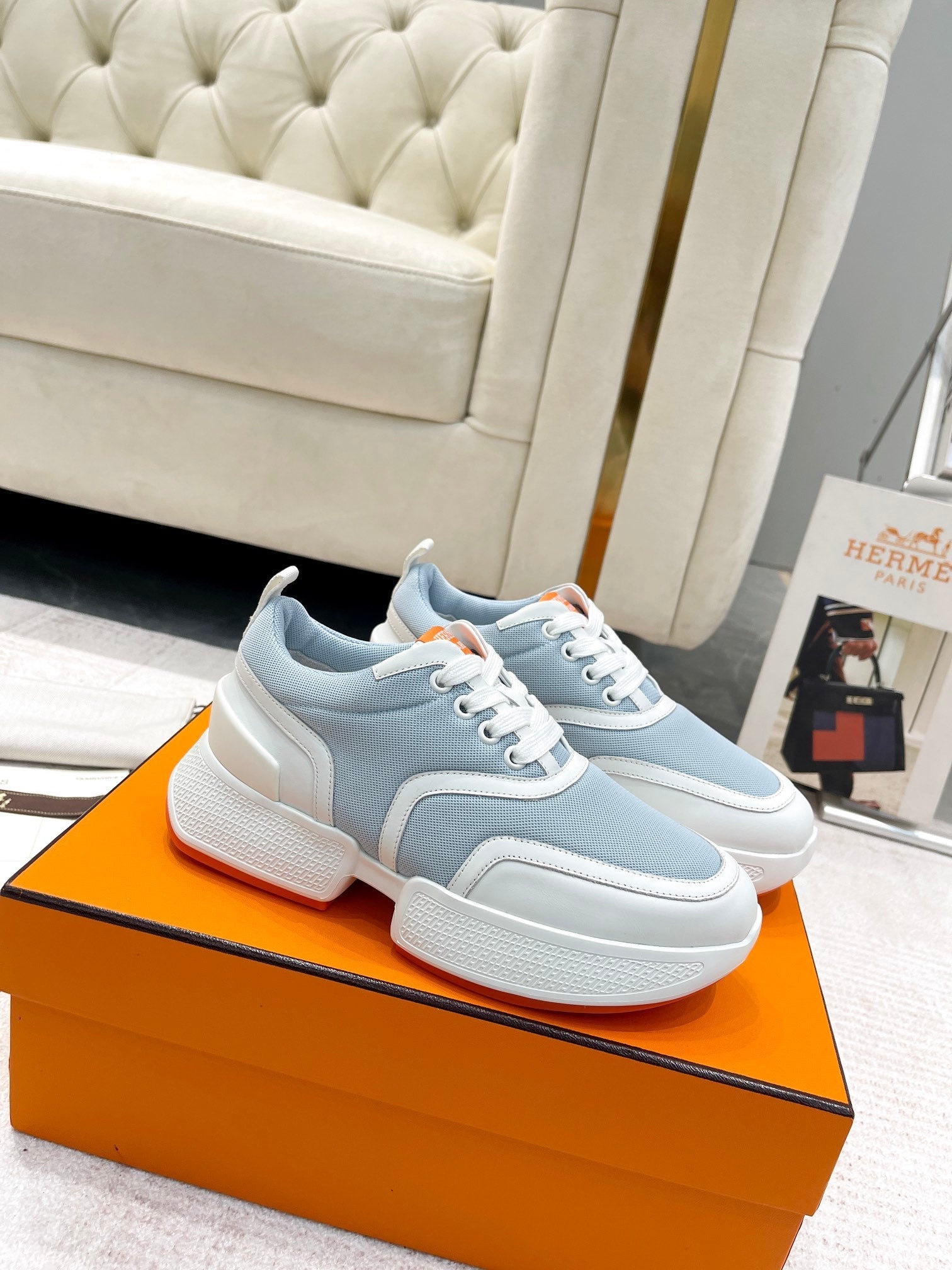 GIGA SNEAKER IN POWDER BLUE STITCHED MESH AND WHITE CALFSKIN、mysite、Cacoeks
