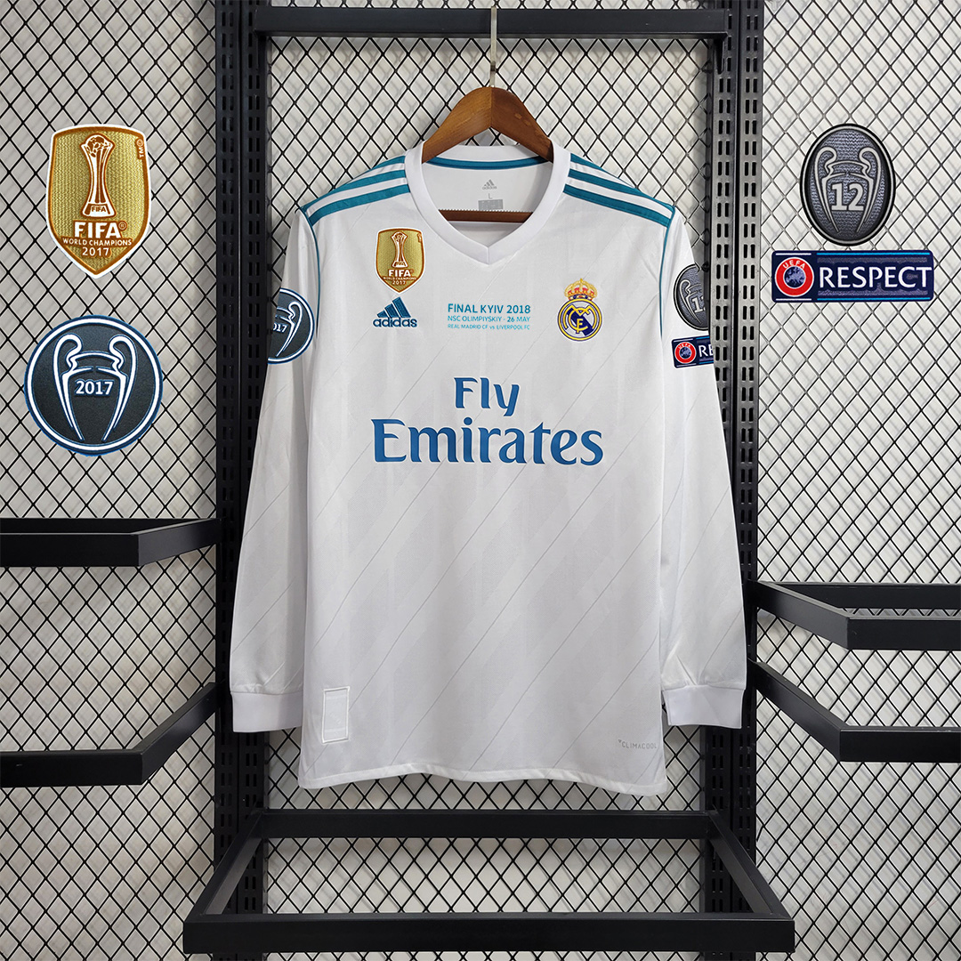 JerseysGala.com | Retro Real Madrid 17-18 Home Long Sleeve Jersey - with Champions League Final Final -Customize Name, Number and Patch | Worldwide Shipping