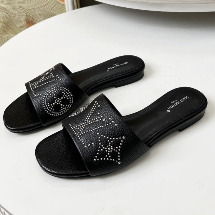 FLAT SLIDE IN BLACK LAMBSKIN WITH RHINSTONES、mysite、Cacoeks