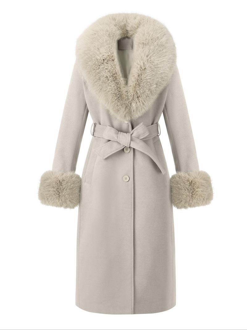 Women's Fall Winter Mid-Length Plain Woolen Coat, Warm Fitted Jacket with Fur Collar, Waist Belt & Pockets, Casual Style