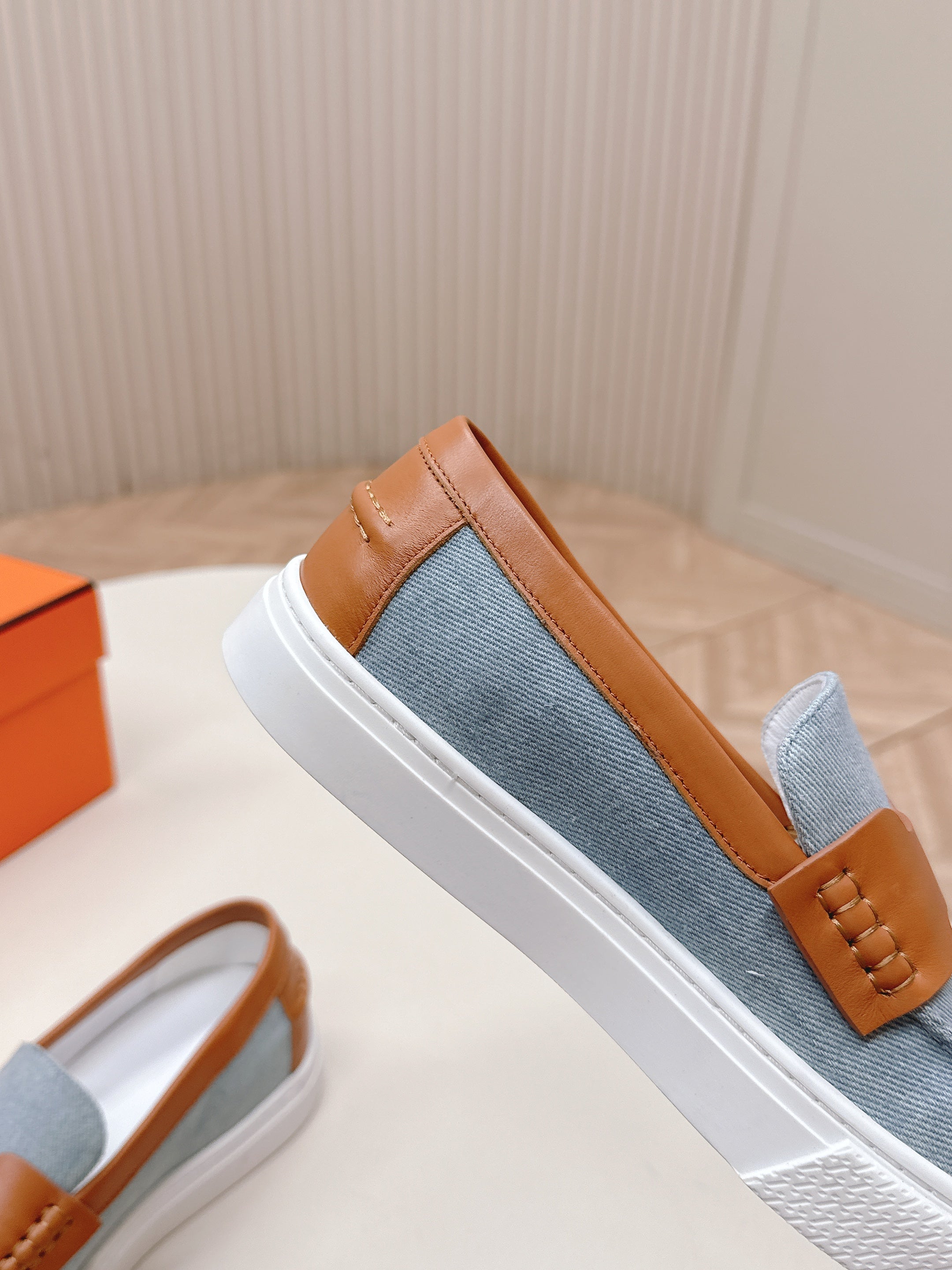 HM 25S SLIP-ON IN BLUE DENIM AND BROWN LAMBSKIN、mysite、Cacoeks