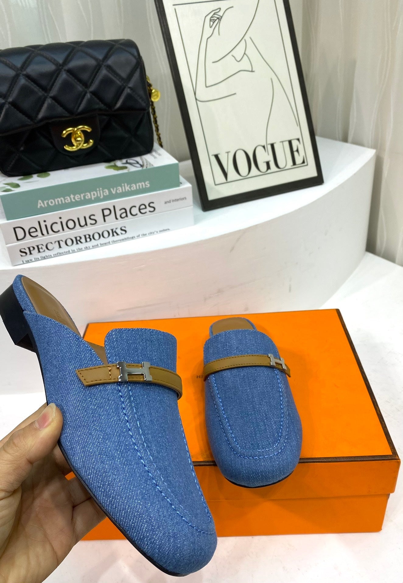 IENA MULE LAPIS CANVAS AND CARAMEL CALFSKIN、mysite、Cacoeks