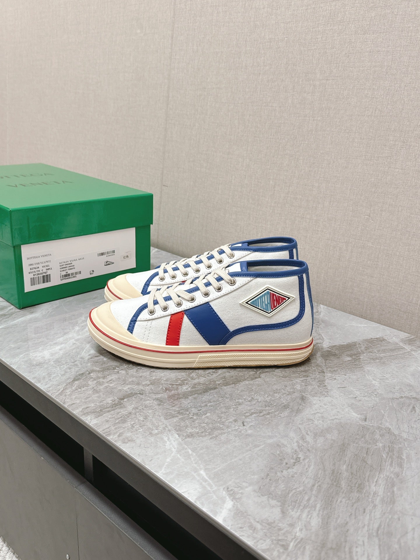 ELIOT SNEAKER IN WHITE CANVAS WITH NAVY BLUE CALFSKIN、mysite、Cacoeks