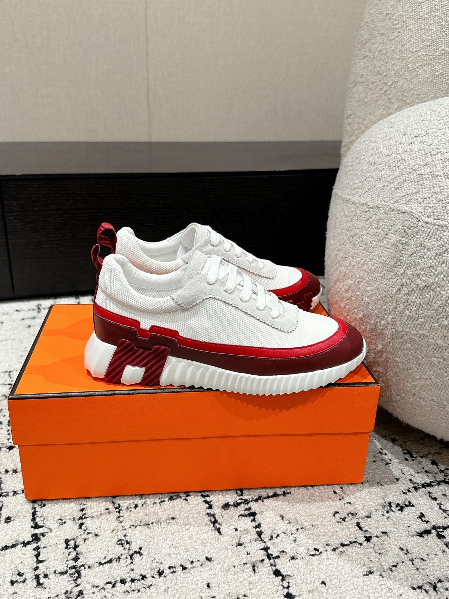 BOUNCING SNEAKER IN WINE RED CALFSKIN AND WHITE FABRIC、mysite、Cacoeks