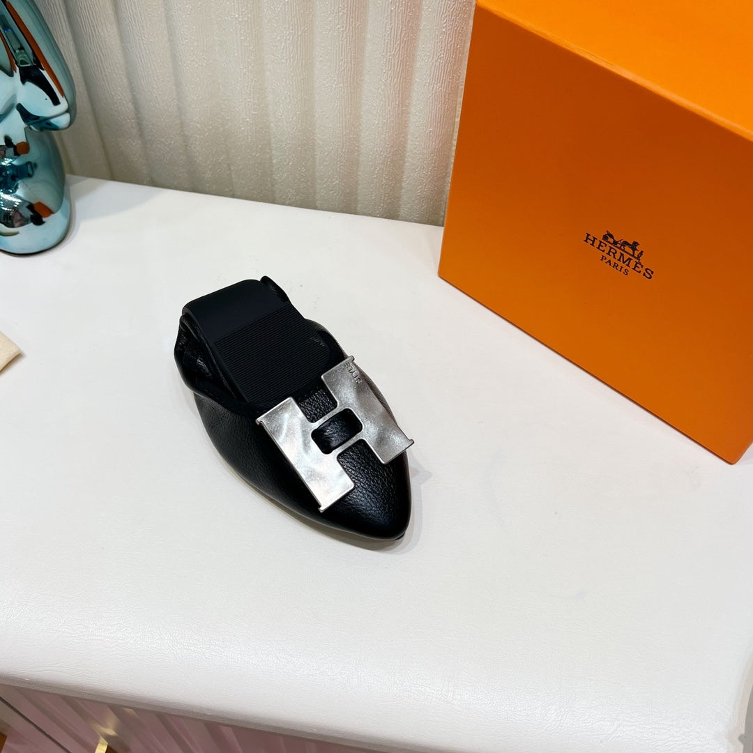 H-BUCKLE BALLLET FLAT BLACK CALFSKIN、mysite、Cacoeks