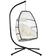 Egg Hanging Chair with Stand Hammock Chair Wicker Basket Chair Hanging Patio Swing Chair UV Resis...