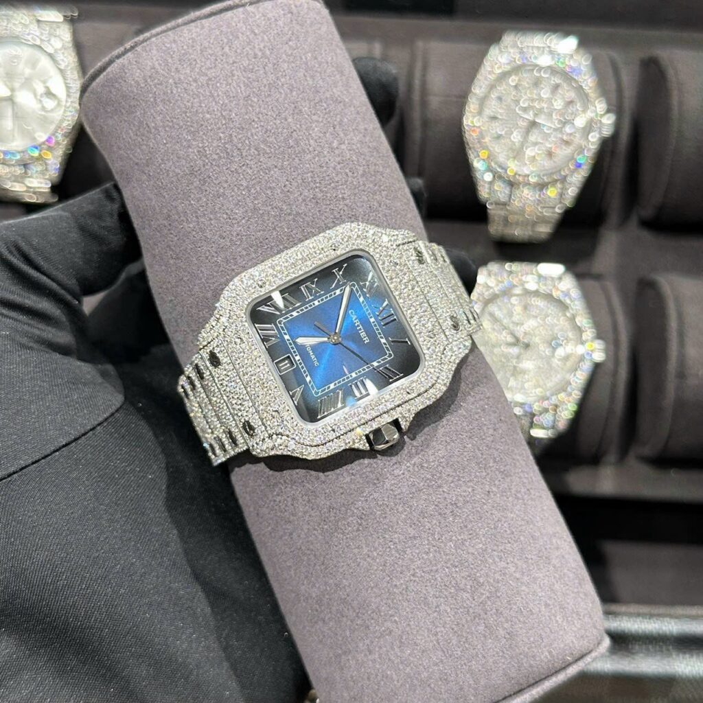 Đồng Hồ Cartier Santos Độ Full Kim Cương Thiên Nhiên Blue Dial 39 (8)