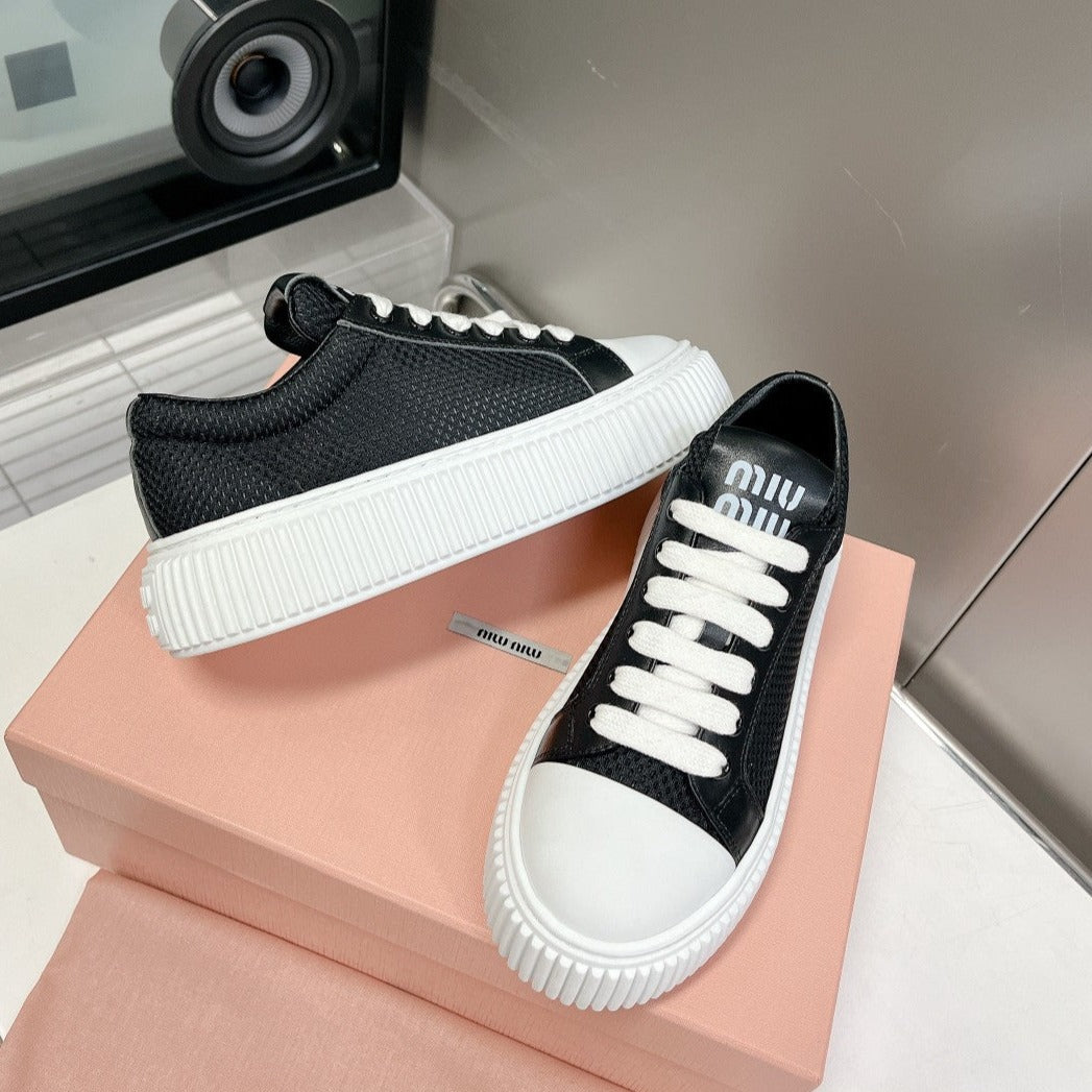 SNEAKERS THICK-SOLED BLACK MESH COWHIDE、mysite、Cacoeks