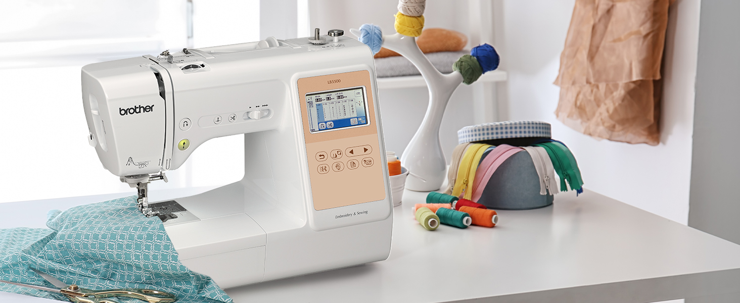 Brother LB5500 Sewing & Embroidery machine with sewing arm in use, sewing hem on cotton fabric