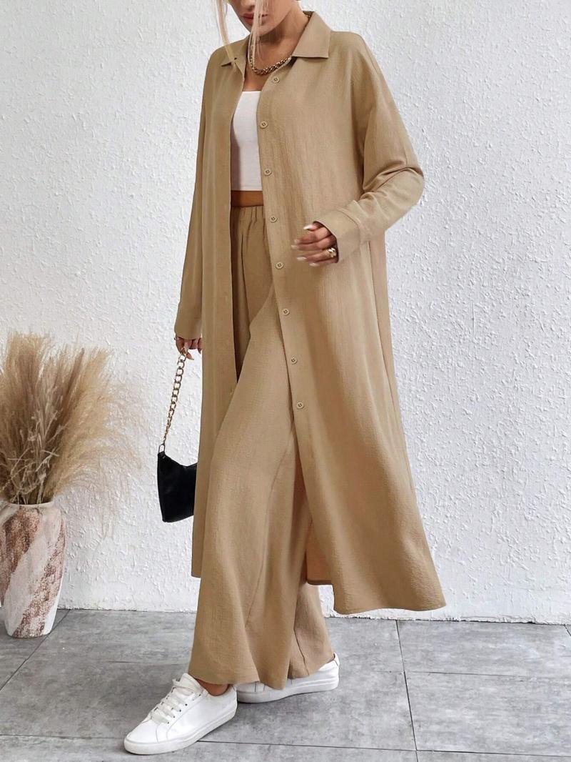 Women's Solid Button Front Shirt & Wide Leg Pants Two-piece Set, Casual Drop Shoulder Long Sleeve Top & Trousers Set, Women's Clothes for Daily Wear