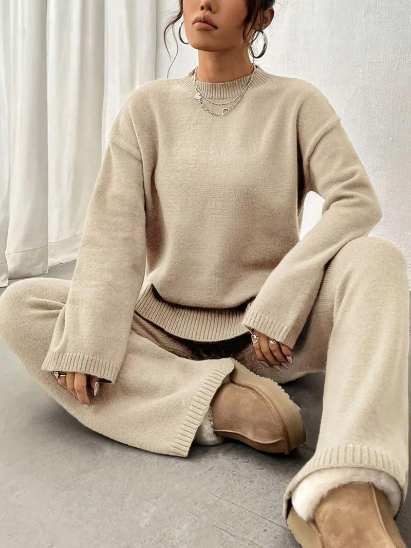 Women's Solid Drop Shoulder Split Hem Sweater & Elastic Waist Straight Leg Pants Two-piece Set, Casual Fashion Cozy Knitwear Set for Daily Outdoor Wear, Women Knitwear for Fall & Winter, Womenswear