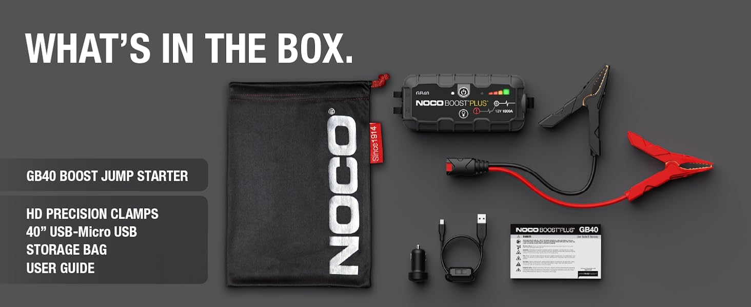 Whats in the box. GB40 jump starter, jumper cable clamps, USB cable and microfiber bag.