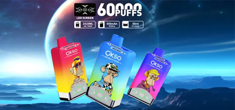 OKSO Double Flavor 60000 disposable vape with 2% nicotine, 60,000 puffs, 0.8Ω dual mesh coils, 2×25mL split tanks, LED screen and Type-C 650mAh battery