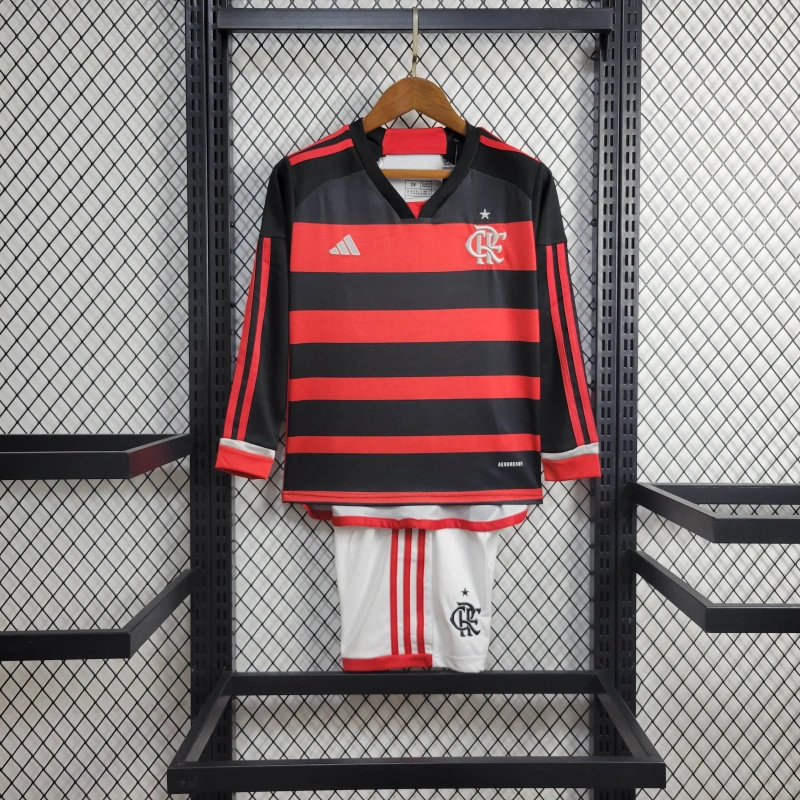 JerseysGala.com | Flamengo 2024 Home Stadium Long Sleeve Kids Kit -Customize Name, Number and Patch | Worldwide Shipping