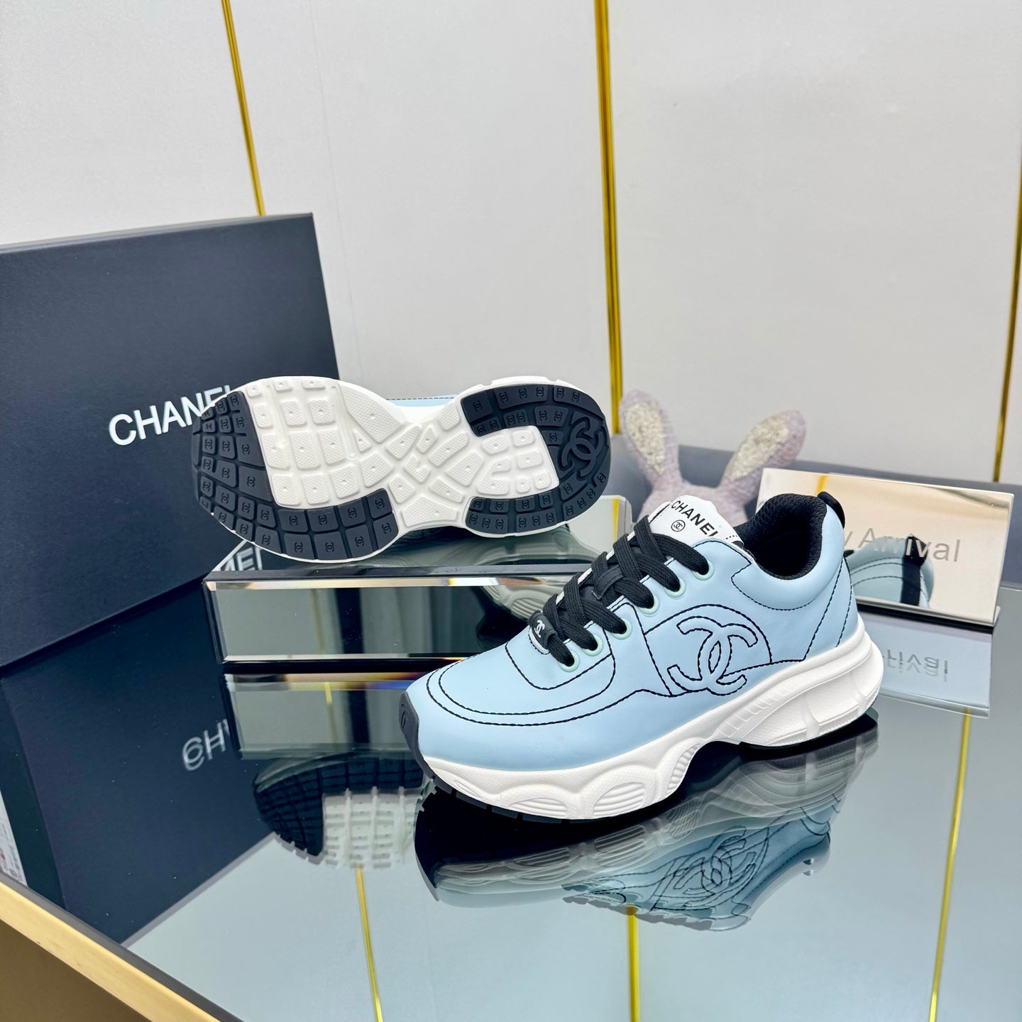 TRAINERS SNEAKER IN LIGHT BLUE CALFSKIN WITH BLACK EMBROIDERED、mysite、Cacoeks