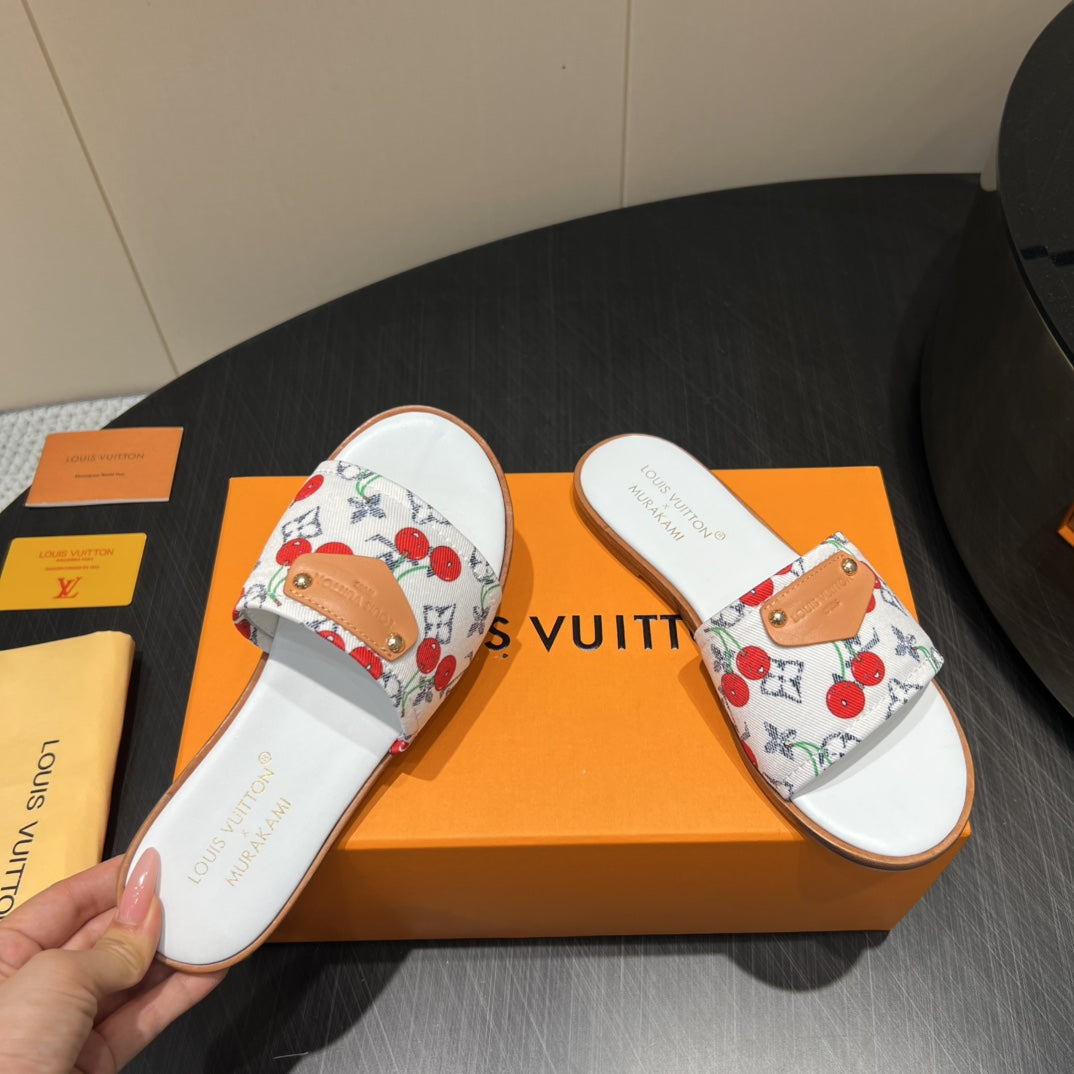 LV SLIDE SANDALS 25S IN WHITE DENIM AND CALFSKIN WITH LOGO PRINT、mysite、Cacoeks
