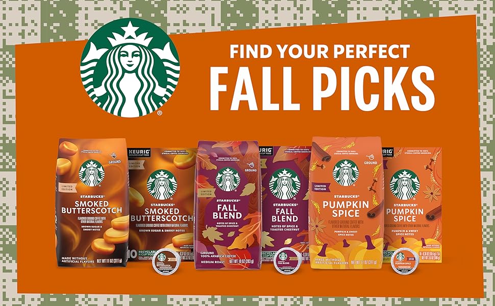 Bags and K-Cups of Smoked Butterscotch, Fall Blend and Pumpkin Spice. Find your perfect fall picks.