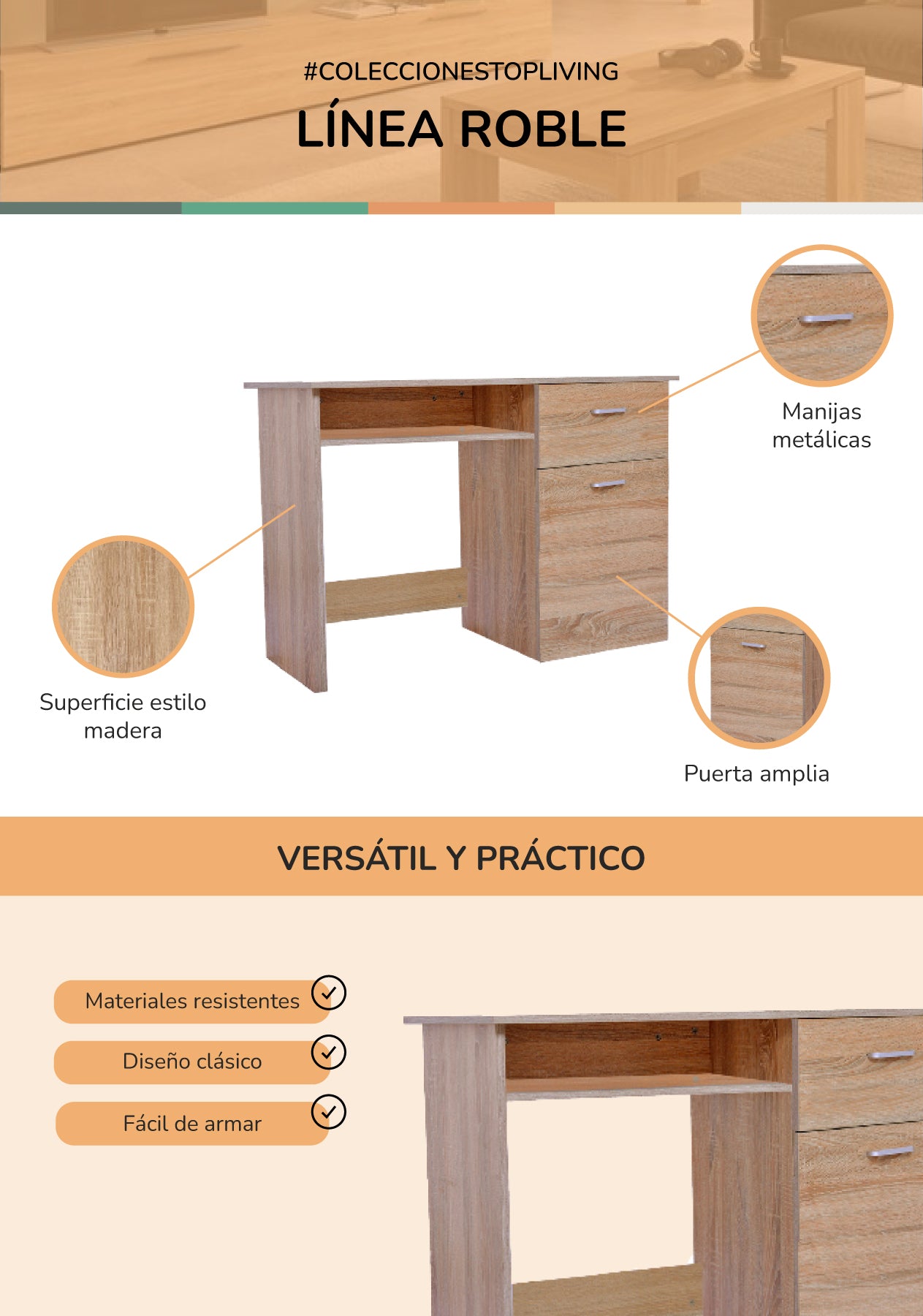 Escritorio con Cajones Minimalista Estilo Madera Roble