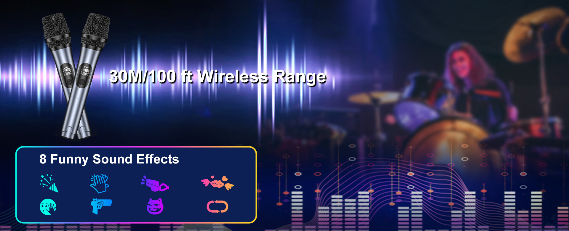 Two wireless microphones with 30 meter/100 ft wireless range of JYX T10T karaoke machine