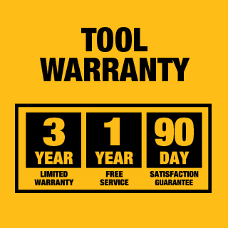 Graphic of tool warranty for 3 year limited warranty, 1 year free service, 90 day money back guarantee. Graphic of tool warranty for 3 year limited warranty, 1 year free service, 90 day money back guarantee.