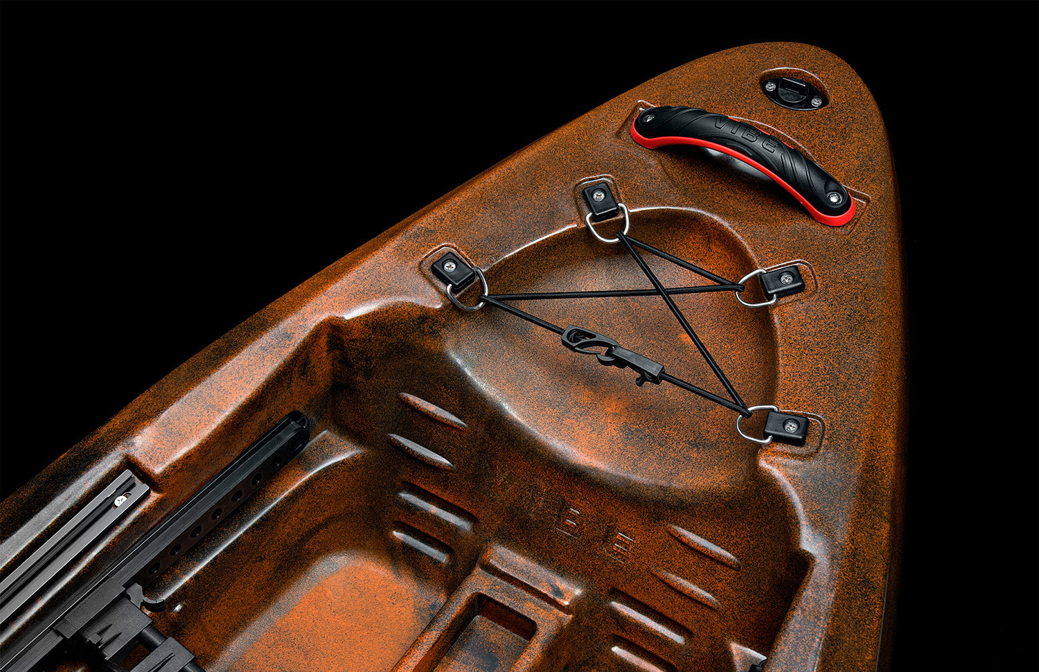 Yellowfin 130t kayak bow view with bungee tie down Yellowfin 130T has many cargo storage options